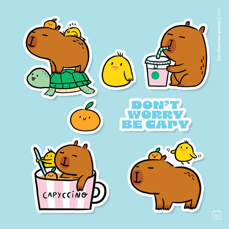 Pack de Stickers de Vinil | 7 stickers | Capybara – tres chanchos gordos